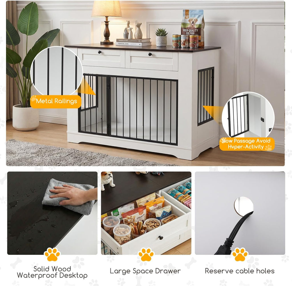 Dog Crate Furniture TV Stand with Charging Station-47. Heavy Duty Dog Kennel Furniture tv table with 2 Drawers