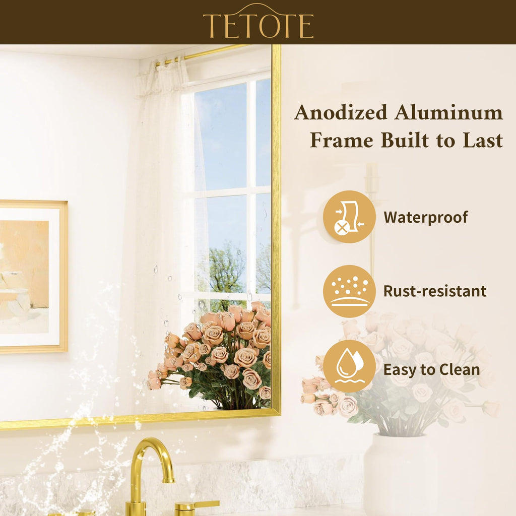 Brushed Gold Mirror Beveled Frame 72" x 36" Large Brass Gold Rectangle Bathroom Vanity Wall Mirror for Over Sink