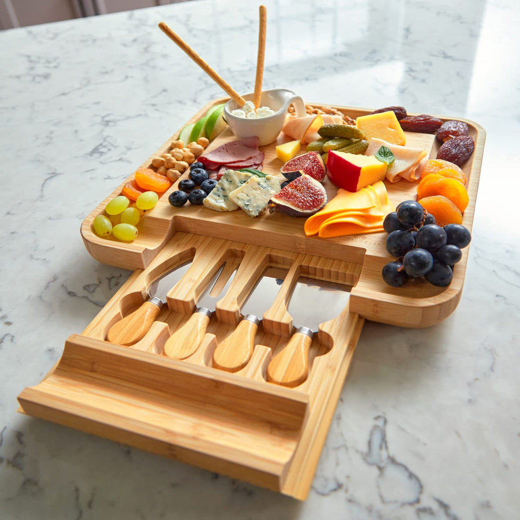 Bamboo Cheese Board and Knife Set with Slide-Out Cutlery Drawer
