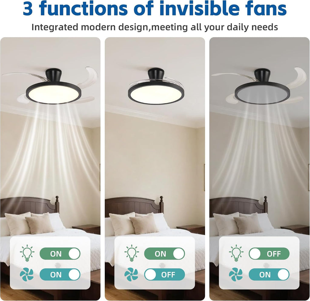 48 inch Black Slim Retractable Ceiling Fan with Light, Low Ceiling