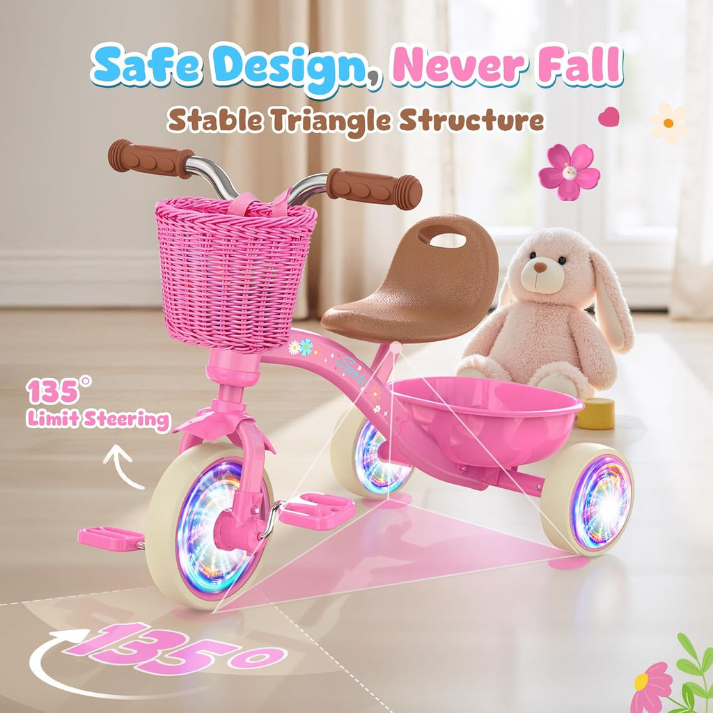 Toddler Tricycle for 1-3 3-5 Year Olds, 2 3 4 5 Year Old Girl Birthday Gifts, Pink Toddler Baby Bike, Outdoor Riding