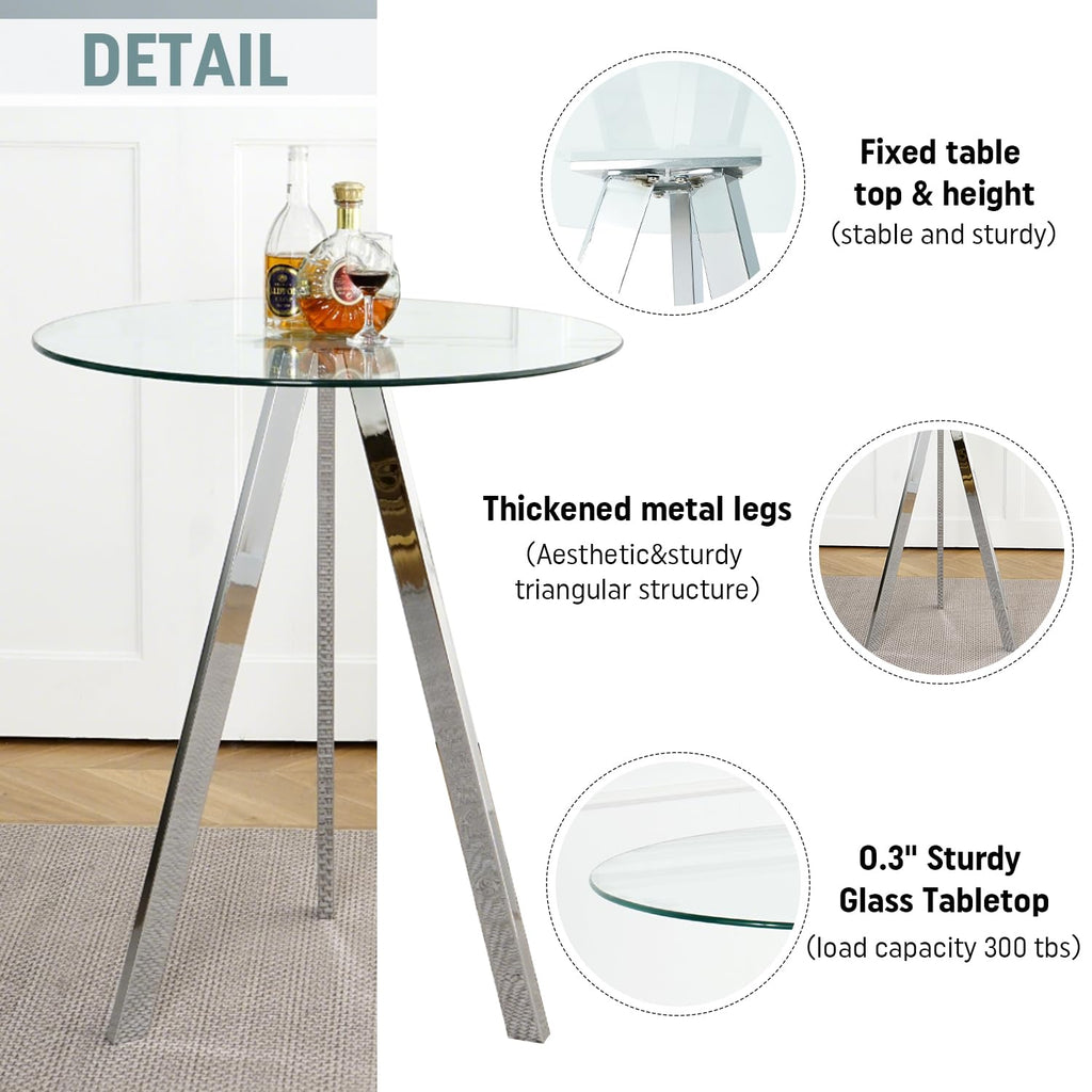 2 Pack Round Pub Table, 37.4" High Top Bar Table, 31.5" Small Cocktail Tables with Silver Metal Base & Glass Top, for