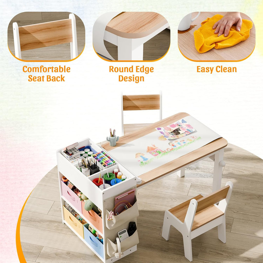 Kids Art Table and Chair Set with 2 Chair & Bins, 40" L x 20" W, Natural