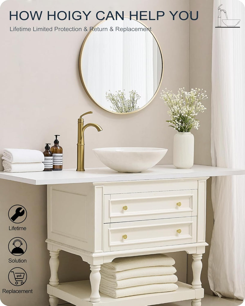 Gold Vessel Sink Faucet, Brass Tall Bathroom Sink Faucet One Hole with 1 Handle, Pop Up Drain