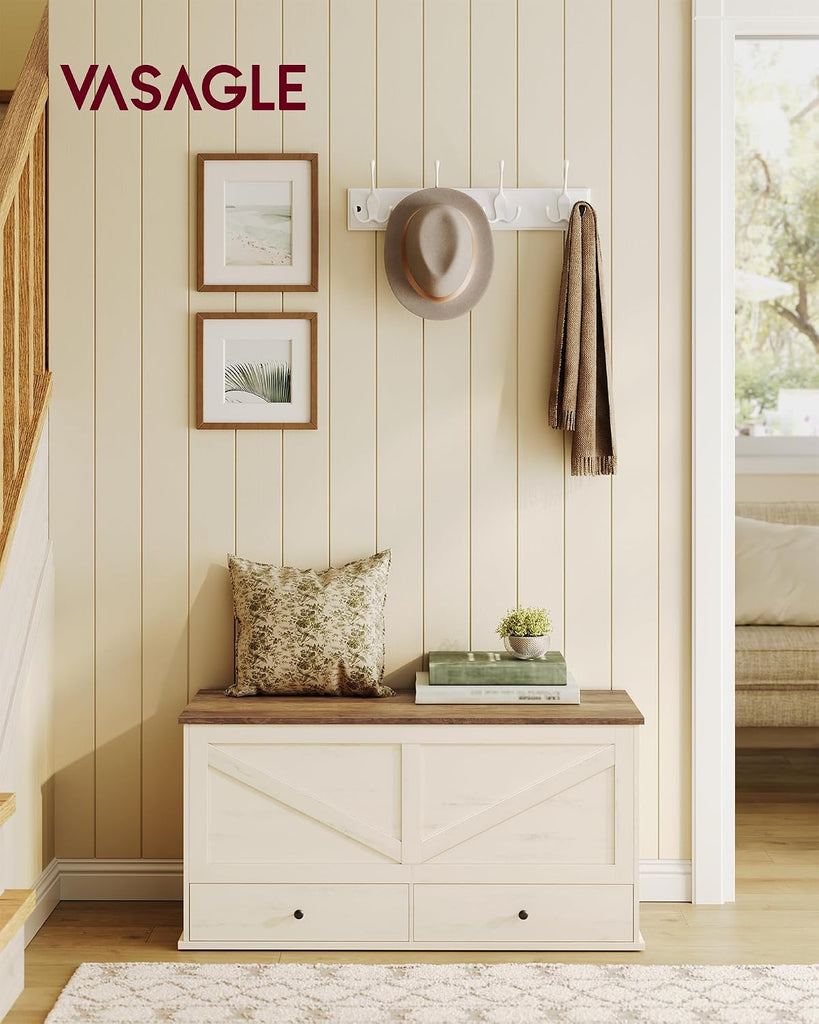 Storage Chest, Storage Bench with 2 Fabric Drawers, Farmhouse Style, 15.7 x 39.4 x 19.9 Inches, Rustic White and