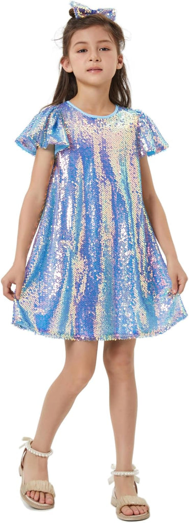 Sequin Dress Shiny Short Flutter Sleeve Midi Sparkly Party Dress with Hairbow