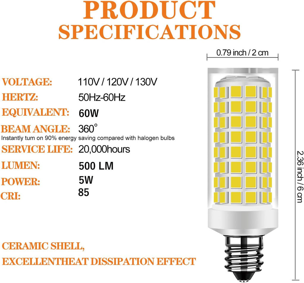 E11 LED Bulb 5W 500LM 6000K Daylight T3/T4 JD 2-Pack