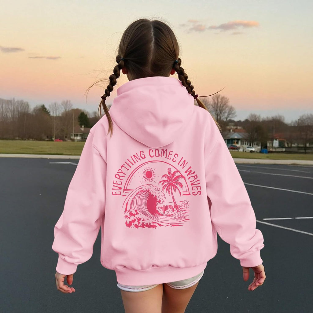 Girls Palm Graphic Hoodie Beach Cute Hoodies With Pocket Kids Preppy Sweatshirt Ocean Pullover Long Sleeve Top