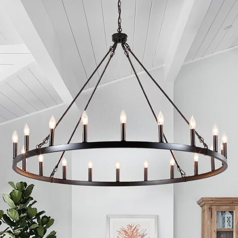 47.2 inches Black Wagon Wheel Chandelier- 20 Light Large Farmhouse Chandelier Industrial Rustic Dining Room Light Fixture Round High Ceiling Pendant Light for Living Room Entryway Foyer A105-B0C76Y9CV8