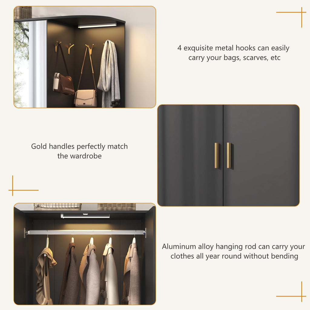 Armoire Wardrobe Closet with Mirror & Sensor Light, Bedroom Armoire with 5 Doors & 2 Drawers, Modern Wooden Large