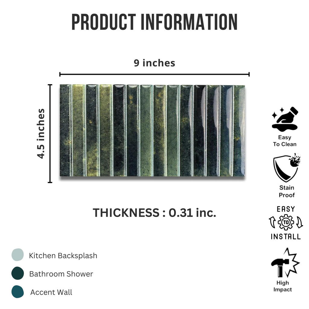 Scandia Glossy Forest Green 4.5x9 Ribbed Porcelain Wall Tile, 3D KitKat Fluted Decorative Tile Backsplash, Bathroom