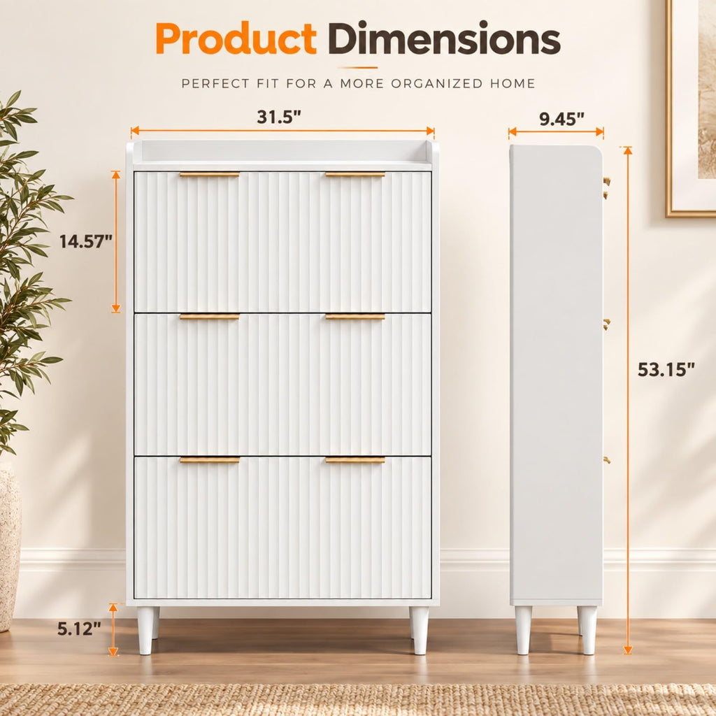 White Fluted Shoe Storage Cabinet with 3 Flip Drawers, Narrow Shoe Organizer with Fluted Panel, Modern Freestanding