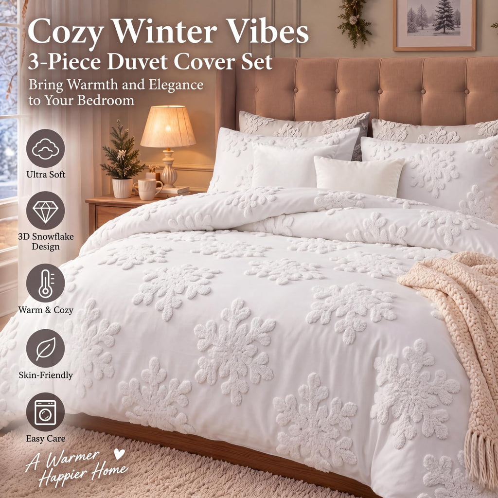 3 Pcs Snowflake Duvet Cover Set King White Snowflake Boho Tufted