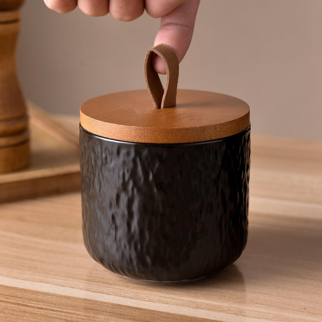 Black Stone Ceramic Canister with Bamboo Lid, 3-Piece Airtight Jars