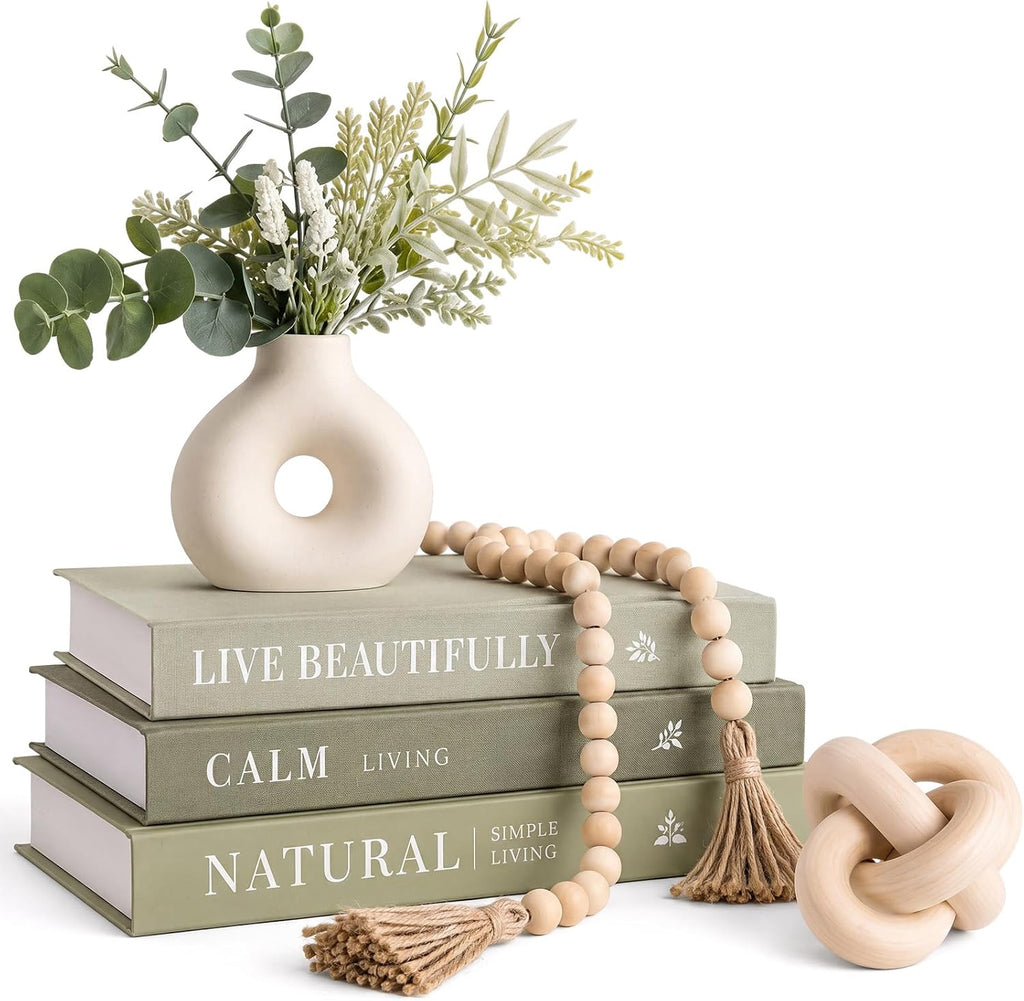Decorative Books Set , Vase, Beads & Faux Greenery, 7 Pack | Complete Aesthetic Decor Set, Green Organic Modern