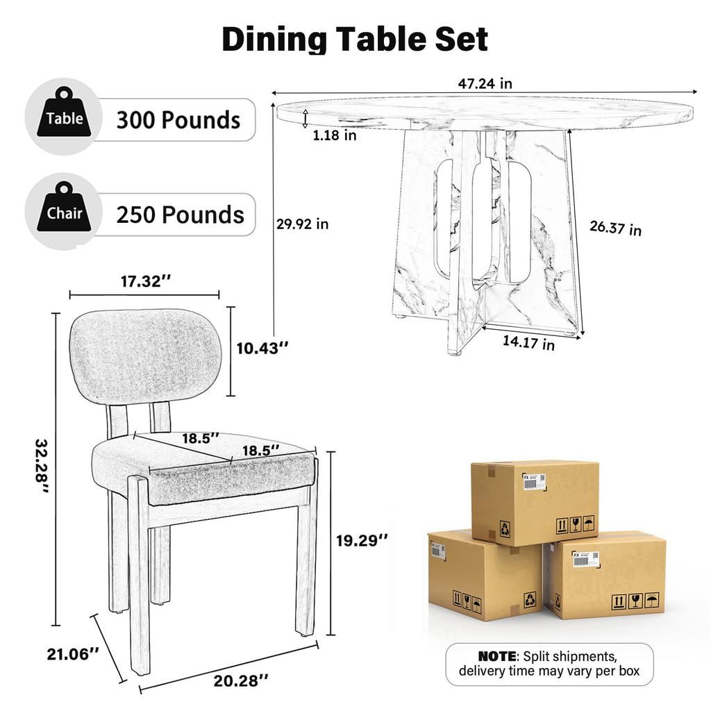 Modern 5-Piece Dining Table Set with 4 Chairs, Oak Round MDF Dining Table, Beige Fabric Upholstered Chairs with