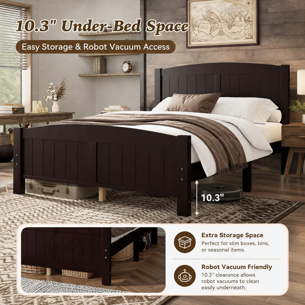 Queen Farmhouse Bed Frame with Headboard & Footboard, Mid Century Modern Bed Frame with Underbed Storage, Antique