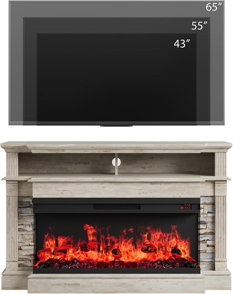 Fireplace TV Stand for TVs up to 65", Farmhouse 52"Fireplace Entertainment Center with 36" 3-Side Glass Electric