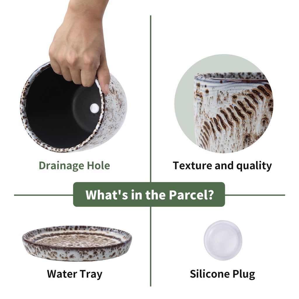 Succulent Pots, 4 Inch Small Indoor Ceramic Planter Pot with Drainage Holes and Saucers for Plants- Reactive Glaze