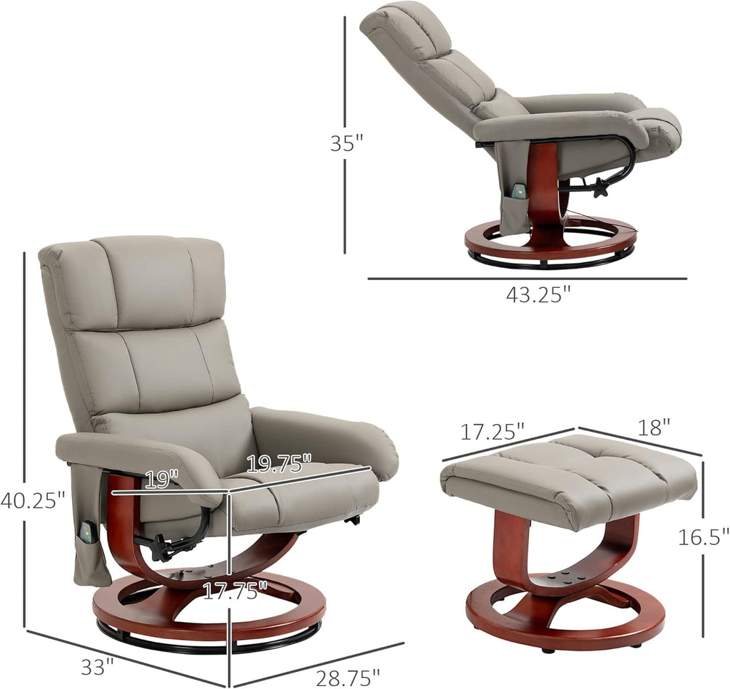 Modern Reclining Swivel Lounge Chair and Ottoman — Gray Faux Leather