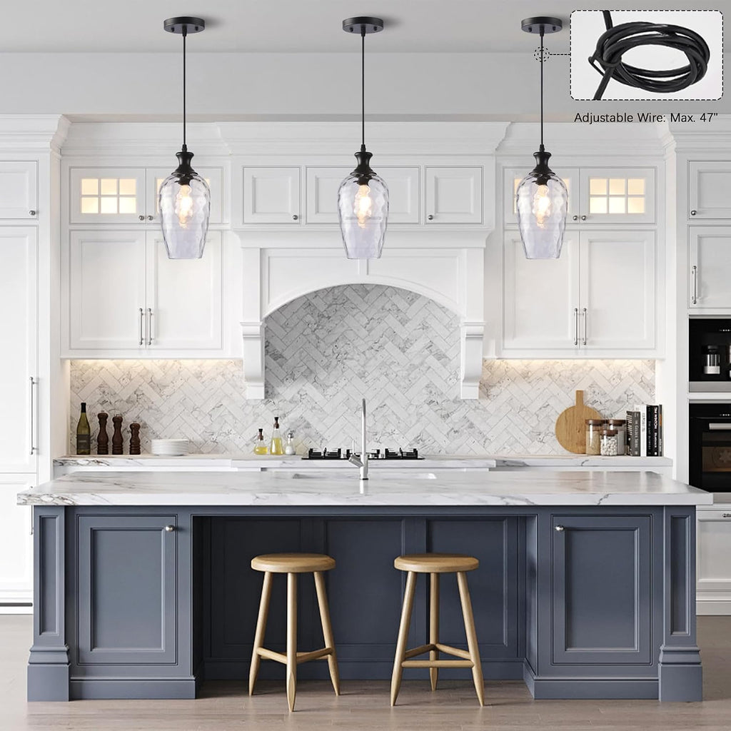 Glass Pendant Lights Kitchen Island, 1-Light Black Pendant Light Fixtures with Hand-Blown Clear Glass, Farmhouse