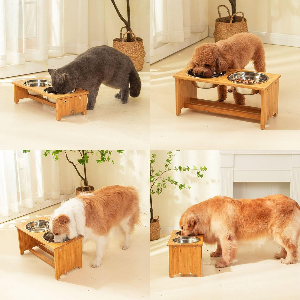 Raised Pet Bowls for Cats and Small Dogs, Bamboo Elevated Dog Cat Food and Water Bowls Stand Feeder with 2 Stainless
