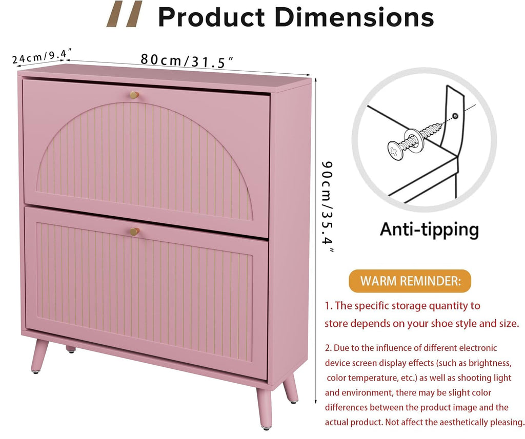 Shoe Storage Cabinet with 2 Fluted Flip Drawers, Pink