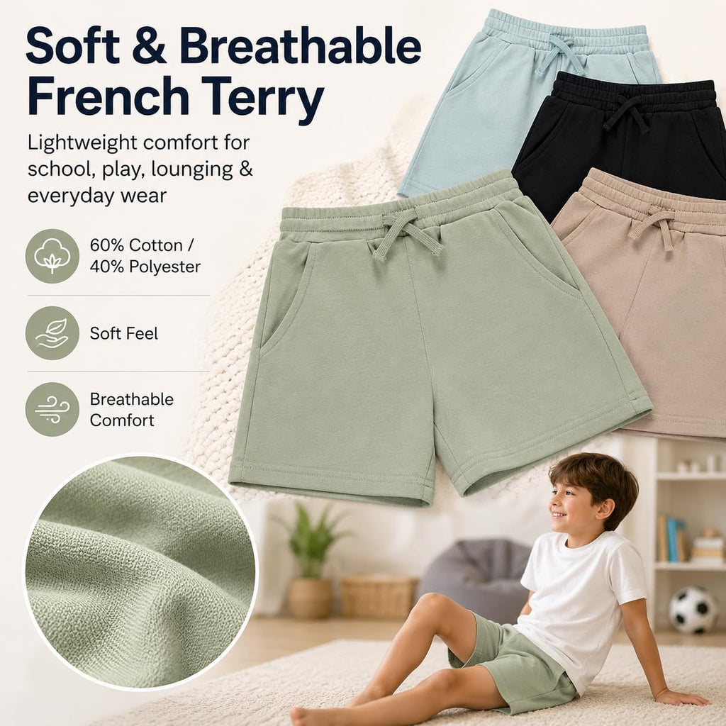 Boys 4 Pack French Terry Shorts Soft Breathable Cotton Lounge Shorts with Elastic Waist Drawstring