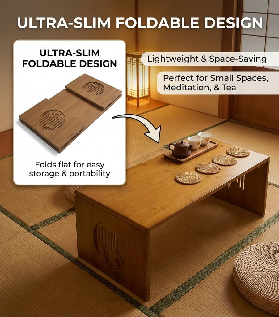 Japanese Floor Table, Bamboo Low Desk for Tea Meditation, Foldable No Assembly (Tray + Coaster(4ps) + Table (80cm))