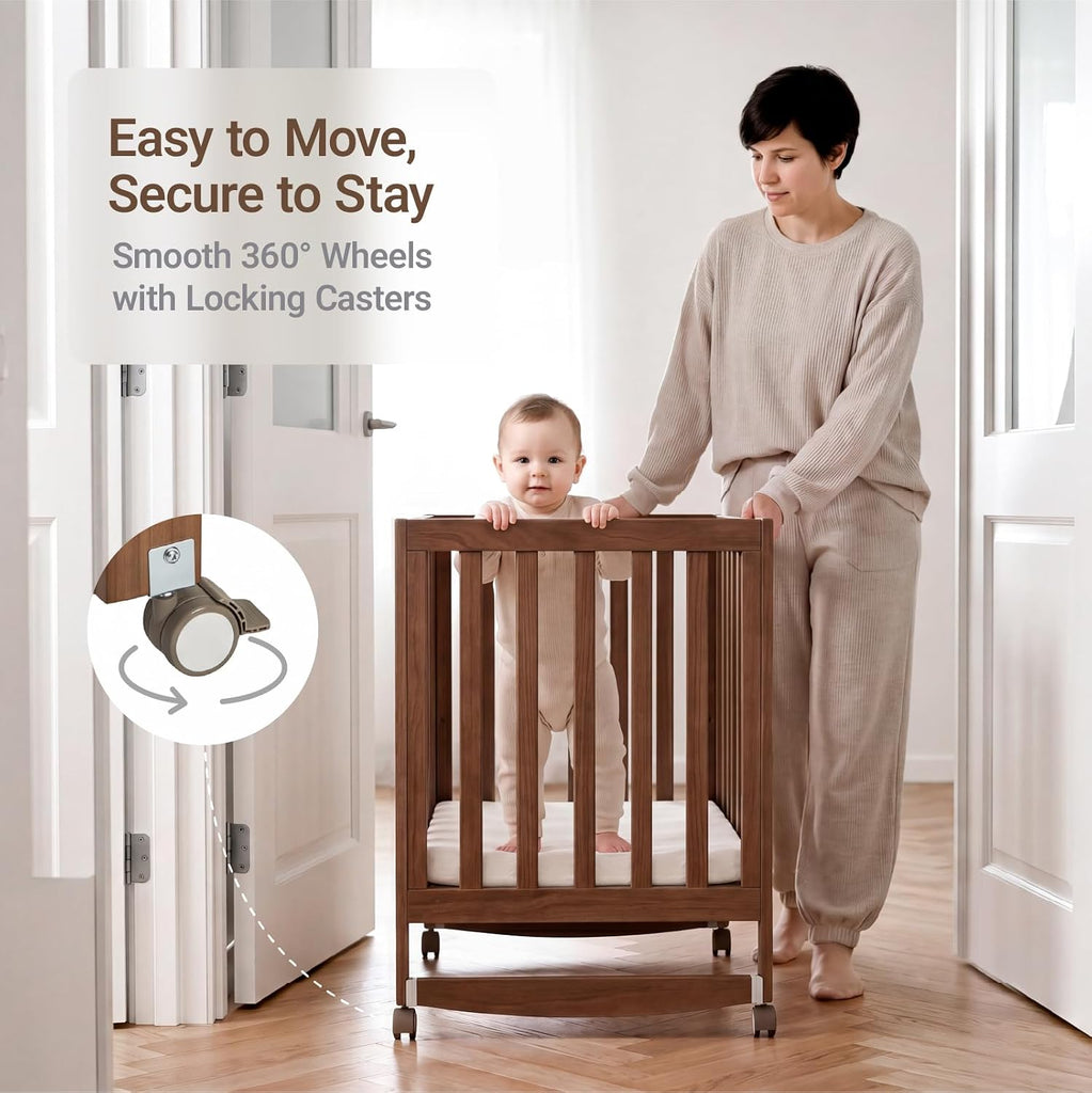 EvoNest 6-in-1 Convertible Baby Mini Crib with Wheels, GREENGUARD Gold Certified, 4 Adjustable Mattress Heights, 100%