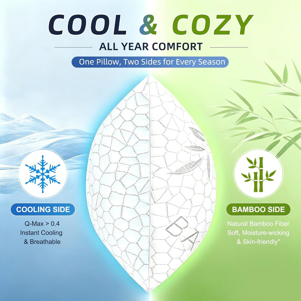 Bamboo Cooling Shredded Memory Foam Bed Pillows Queen Size Set of 2 | Plush Firm Support, Neck Pain Relief
