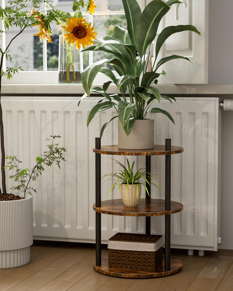 Small Round End Table - 3 Tier Design Accent Table, Narrow Side or Bedside Stand, Industrial Vintage Nightstand, or
