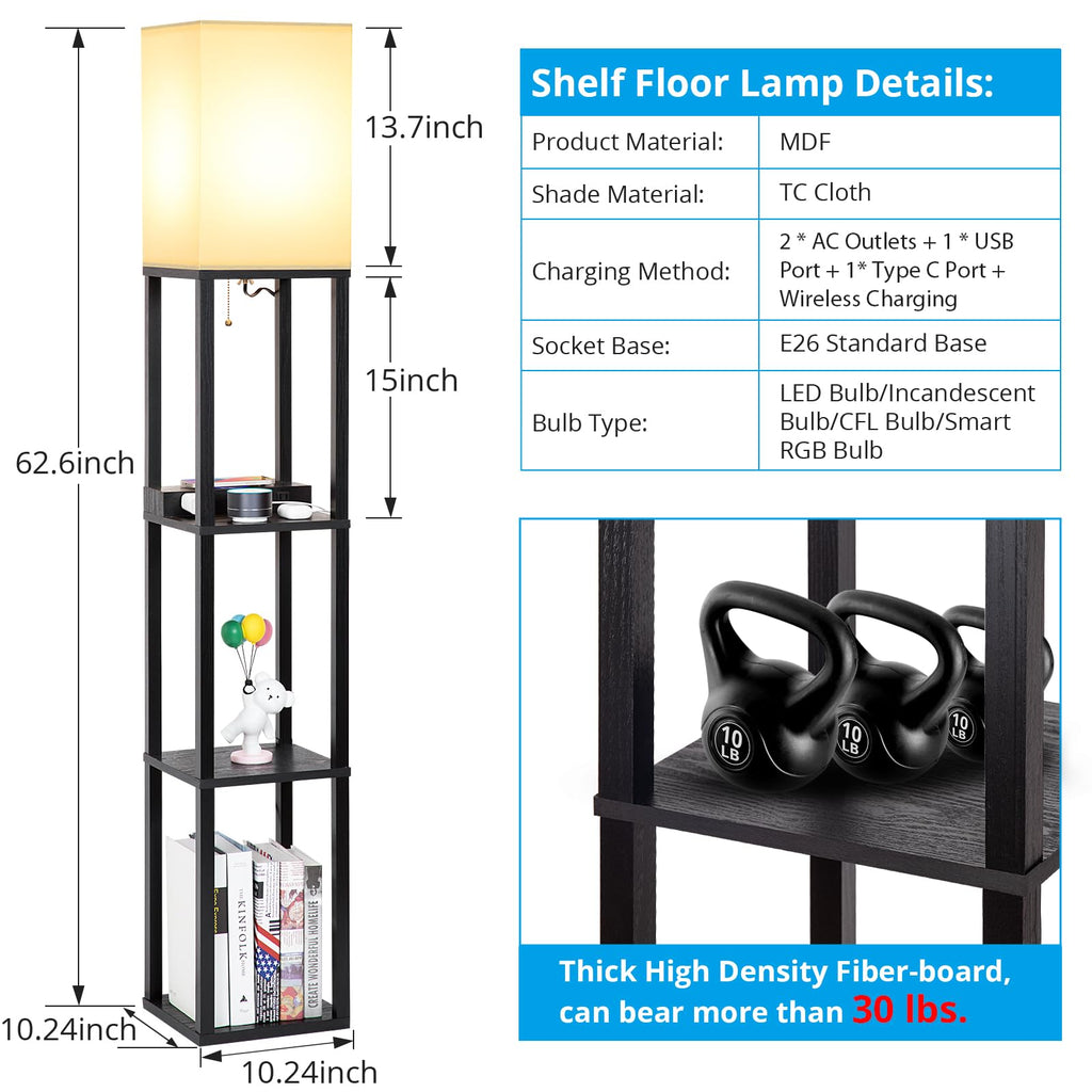 Shelf Floor Lamp with Wireless Charger, USB, Type C, AC Port, Black