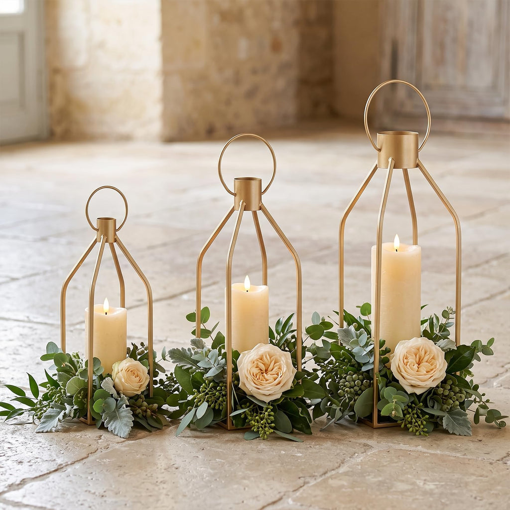 Elegant Gold Decorative Lanterns Set of 3-19/16/13 Inch Metal Indoor Lanterns Decorative with Flickering LED Candles