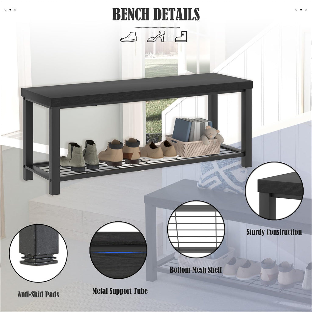 Entryway Bench, Modern Wood and Metal Storage Bench Front Door Entrance, Industrial Indoor Shoe Rack Bench Seat