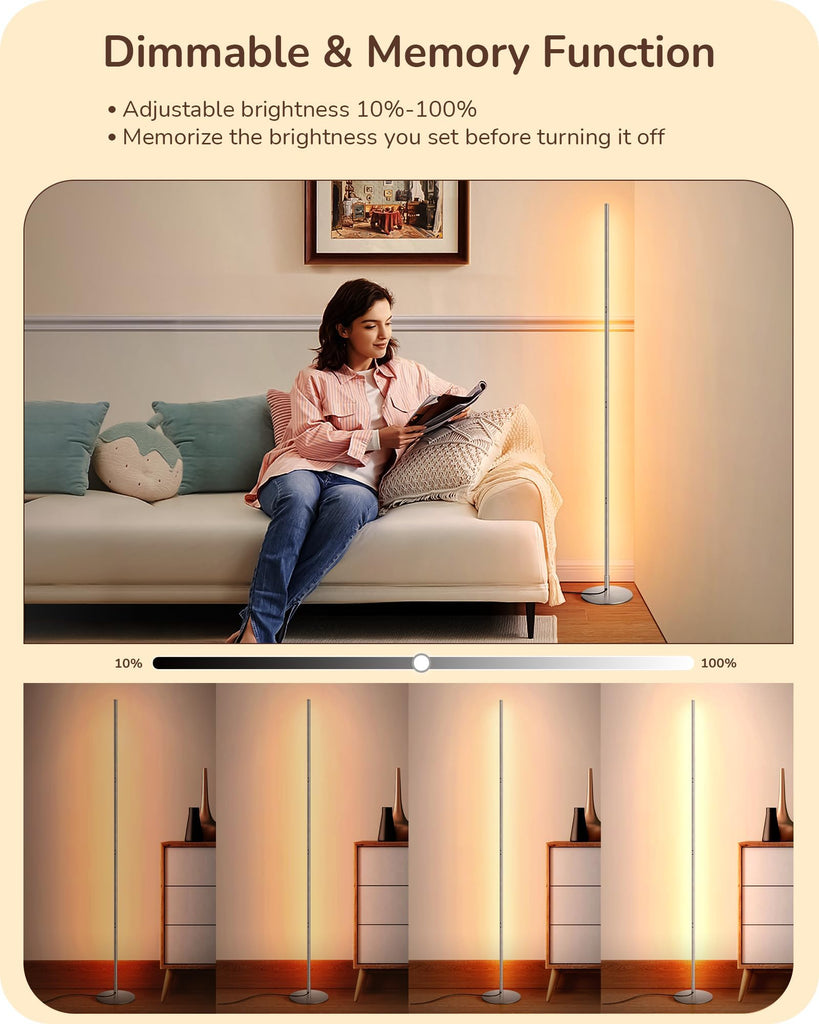 59.84" LED Corner Floor Lamp, 3000K & Stepless Dimmable, Silver