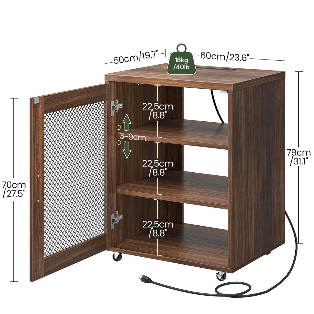 Media Cabinet with Charging Station, Stereo Cabinet with Wheels, Audio-Video Media Stand with Adjustable Shelves and