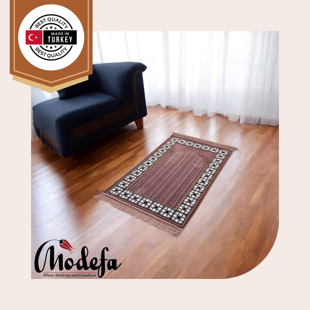 Turkish Muslim Thin Velvet Prayer Rug - Vined Arch (Pink)