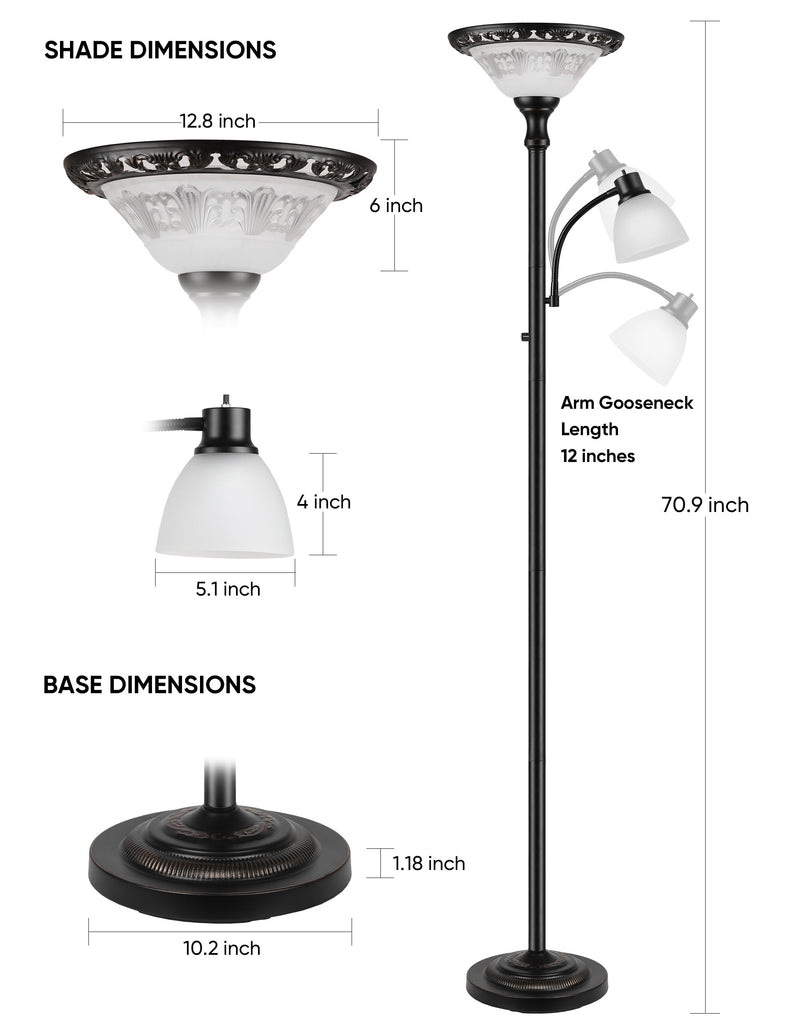 Torchiere Floor Lamps, 71" Tall Standing Lamp with Thick Glass Shade, Metal Pole & Heavy Base, Vintage Corner Lamp
