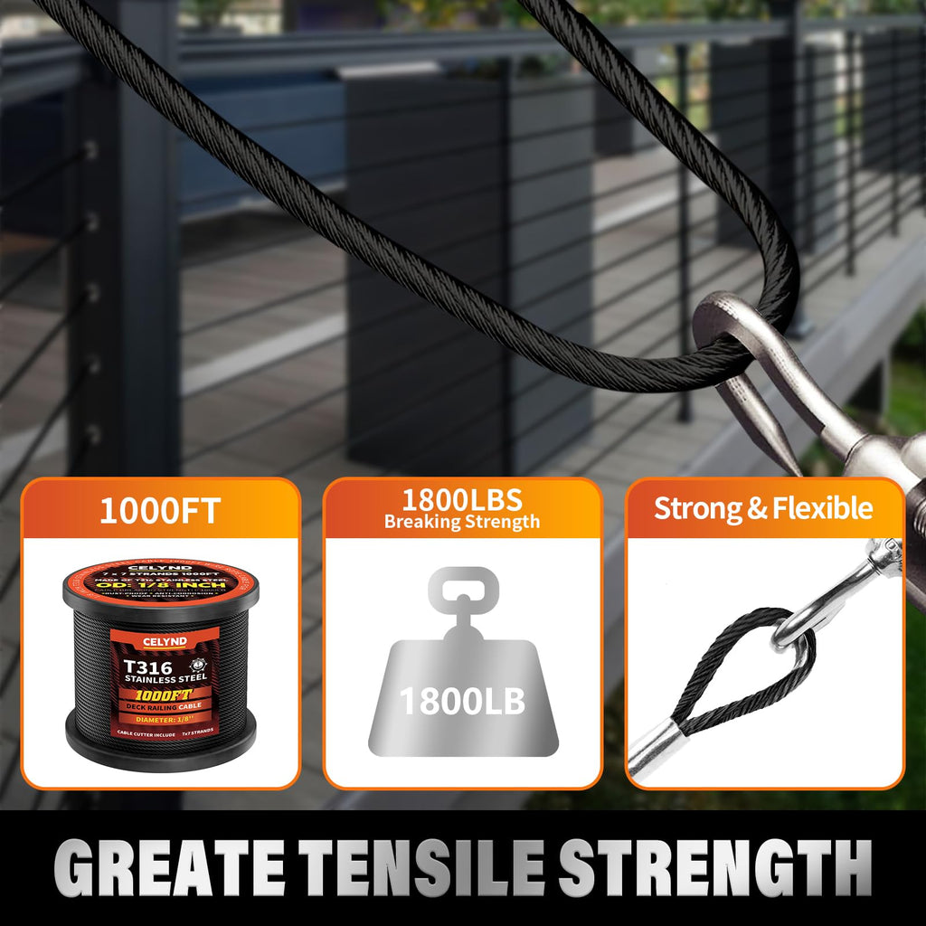 Black Cable Railing Kit - 1000FT 1/8" T316 Stainless Steel Cable
