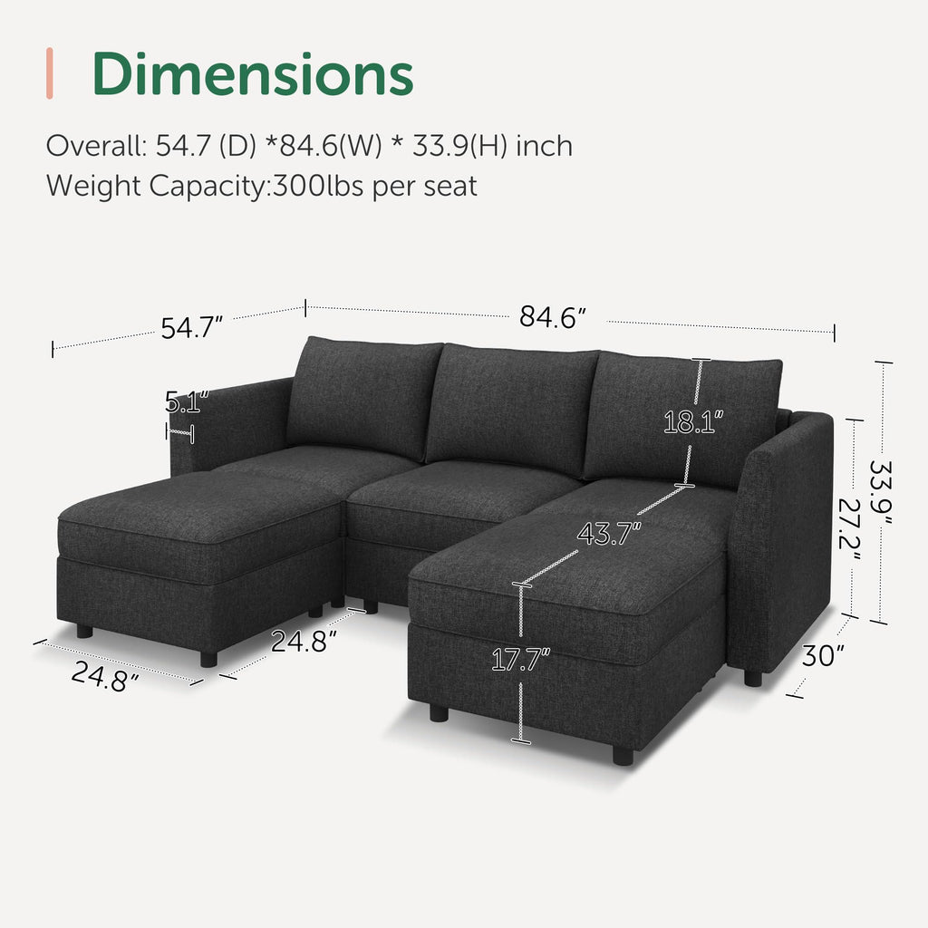 Modular Sectional Sofa with Storage U Shaped Sectional Sofa, Convertible Couches - Linen Grey