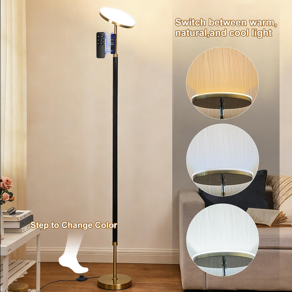 Solid Wood LED Torchiere Floor Lamp, 69" 3 Color Temp Dimmable with Remote