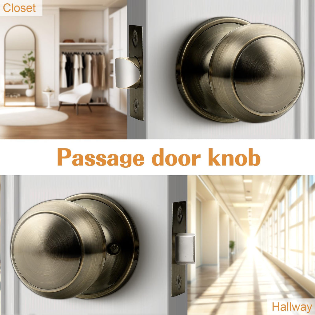 Interior Door Knob , Antique Brass Door Knobs Closet Door Knob, Passage Door Knobs with Round Ball Knob, 10 Pack