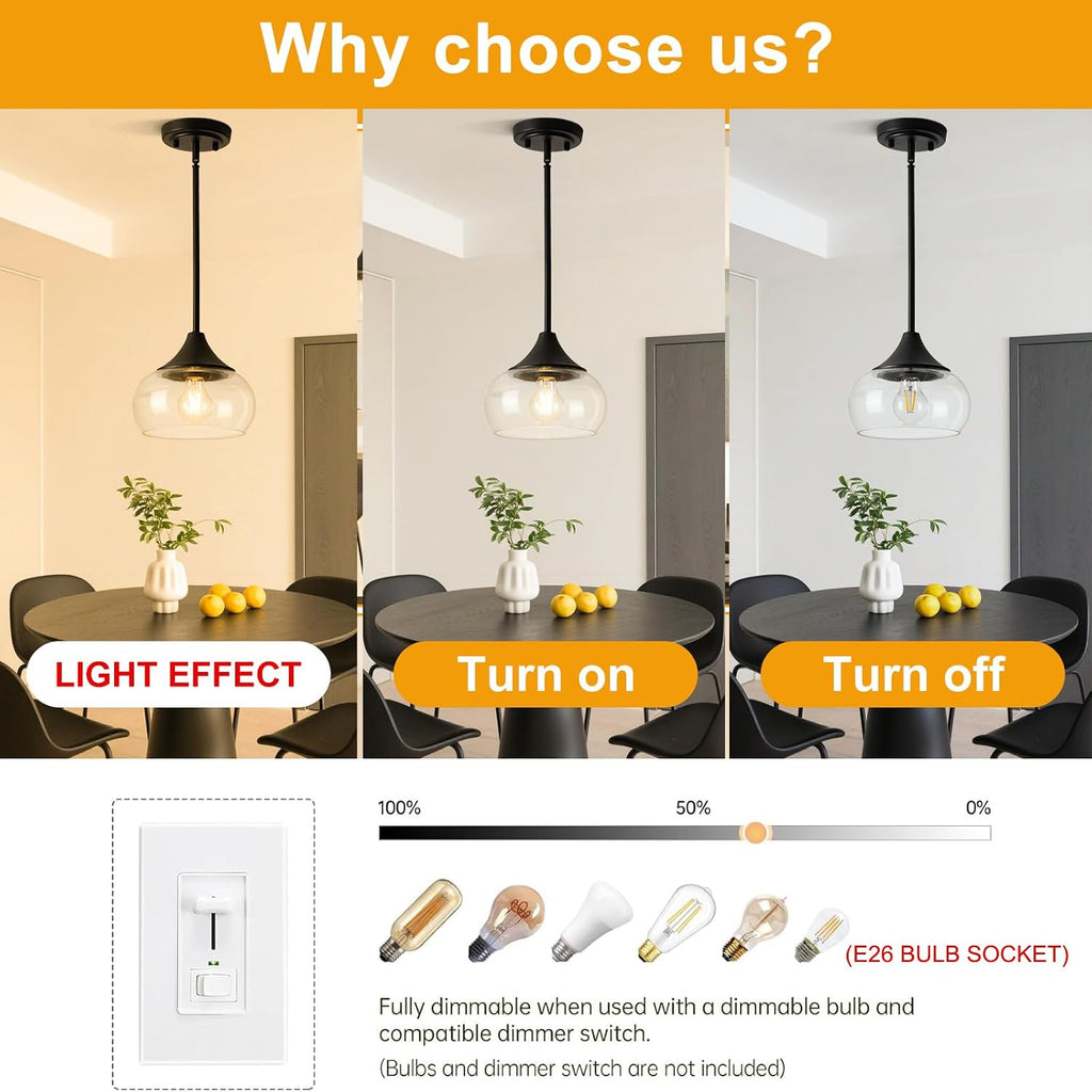 Modern Pendant Lights for Kitchen Island, Black Pendant Light Fixtures with 8.5" Clear Glass Shade, Industrial