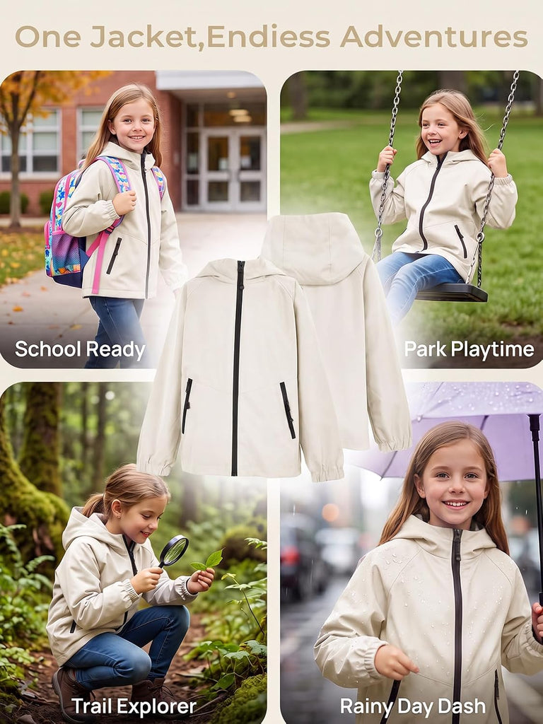 Girls Rain Jacket Lightweight Zip Up Windbreaker Hooded Coat