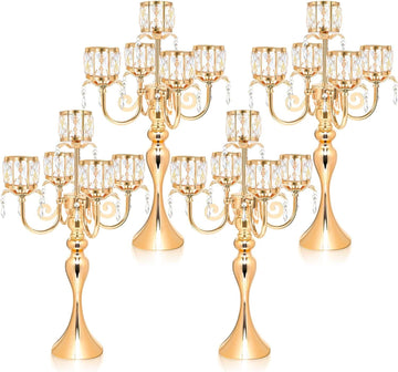 Gold Candelabra Candle Holders, Elegant Bling Centerpiece with Pendant Crystal Table Decorations 5 Arms Candlesticks