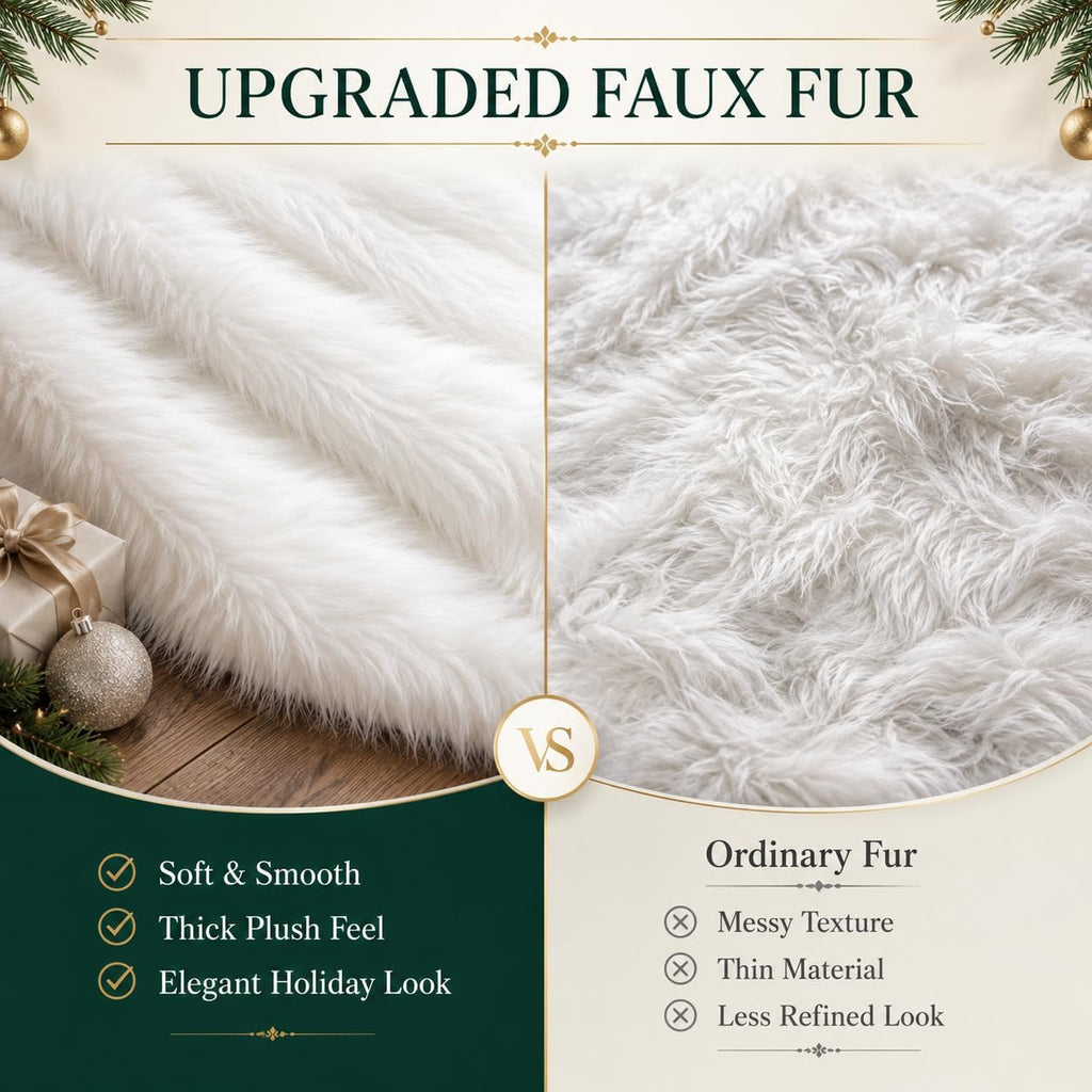 48 Inch White Faux Fur Christmas Tree Skirt, Luxury Plush Tree Base Cover and Home Christmas Decor