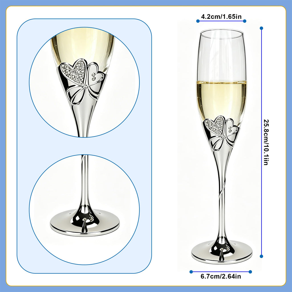 True Love Silverplate Champagne Flutes Set of 2 Silver Toasting Glasses with Metal Base & Crystal Stones, Flute Pair