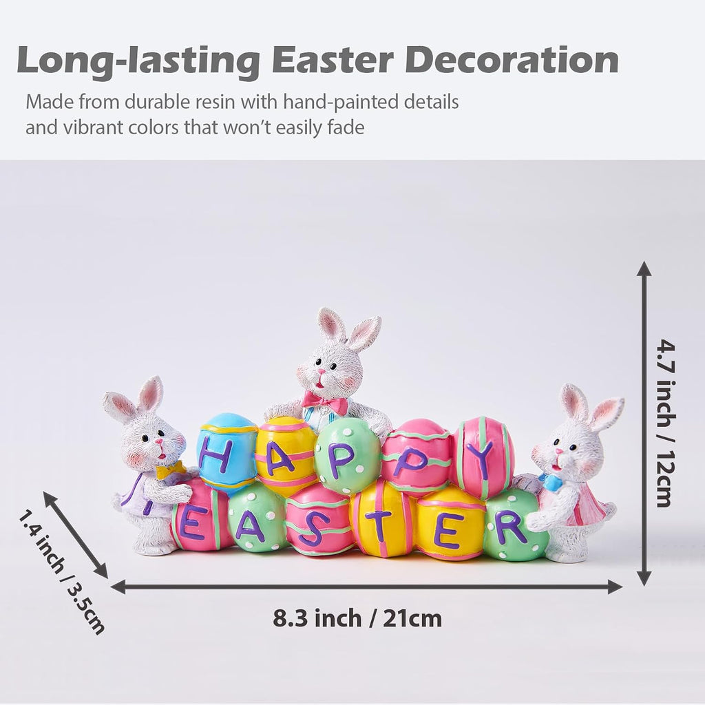 3 Bunny Holding Eggs and Happy Easter Decorations, Resin Easter Bunny Rabbits Figurine Tabletop Centerpiece