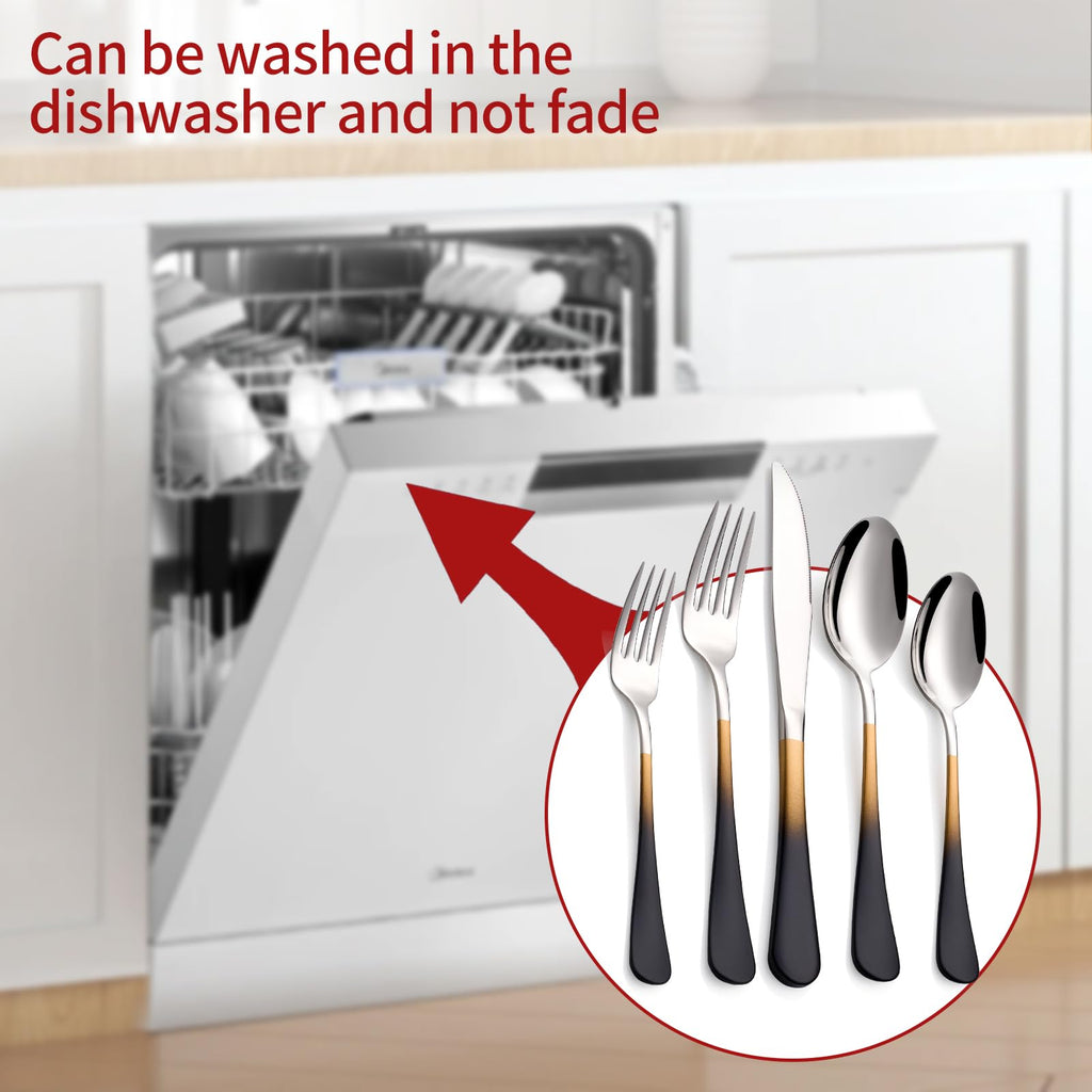 Colorful Silverware Set 20 Piece 18/0 Stainless Steel Flatware Black and Gold Handle Cutlery Set Service for 4 Fork